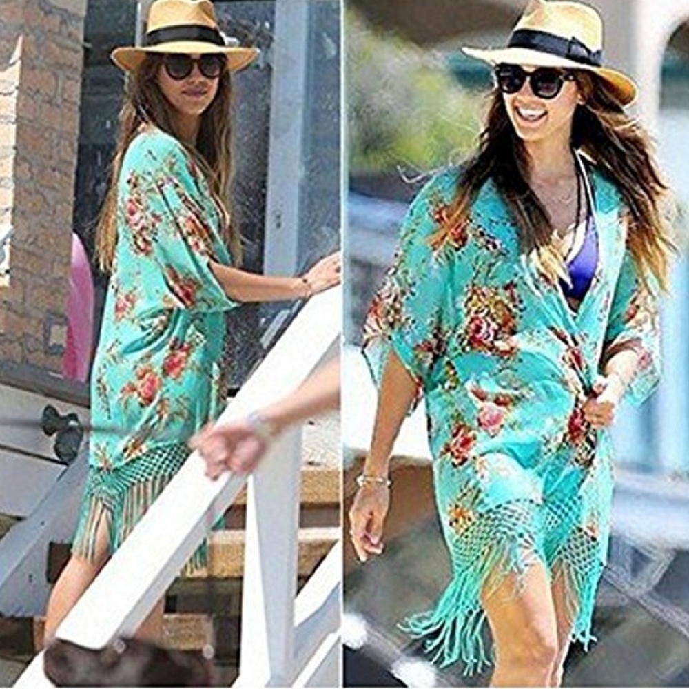 Green Floral Tassel Cover up - Picture 2 of 8